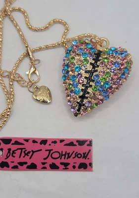 New Betsey Johnson Crystal Rainbow Broken Stitched Heart Necklace Goldtone  NWT - Image 1 of 4