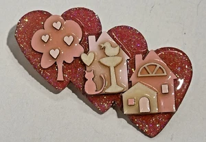 House People Pins By Lucinda Triple Heart PINK Cat Kitty Bird Valentines Vintage - Picture 1 of 7