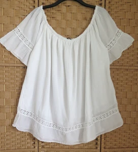 WOMEN'S STUDIO ITALIAN WHITE COTTON GYPSY BOHO BARDOT TOP approx size 20 22 - Picture 1 of 5