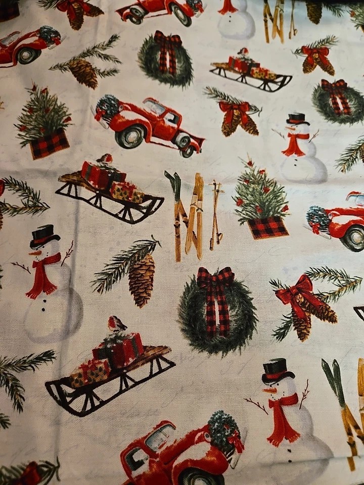 1,5 yardas Navidad Invierno Vacaciones Muñeco de Nieve Camión Rojo Piña Granja Tela de Algodón Foto 1 de 4
