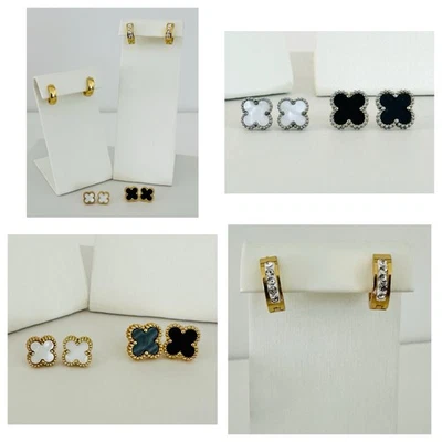 Juego de pendientes de trébol y aro de acero inoxidable, oro o plata, aro de circonita cúbica Foto 1 de 4