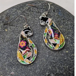 Orecchini pendenti gancio goccia gatto nero seduto alto floreale misto NUOVI Gifta - Foto 1 di 9