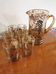 ANTICO SERVIZIO BICCHIERI BIBITA DECO DECORI IN ARGENTO 6 BICCHIERI E CARAFFA - Foto 1 di 5