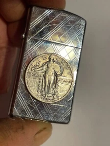 VINTAGE ZIPPO SLIM LIGHTER W/1927 STANDING LIBERTY QUARTER ATTACHED - Picture 1 of 15