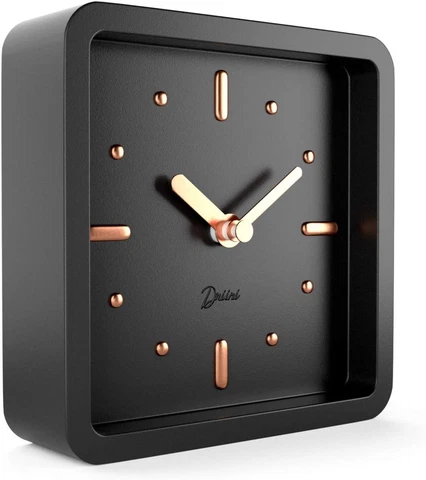 Modern Mid Century Desk & Shelf Clock (Black Rose Gold) - Small Battery Operated Cover