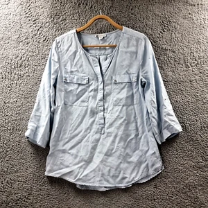Rockmans Womens Blouse Top Size 10 Blue Denim 3/4 Sleeve V-Neck - Picture 1 of 14