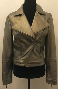 Cache Womens Collared Asymmetrical Moto Leather Jacket Small Bronze Metallic - Picture 1 of 12