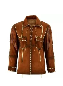 Men's Native American  Shirt  Western Cowhide Suede Leather Jacket  Fringes Coat - Picture 1 of 4