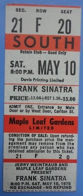 Frank Sinatra Unused Concert Ticket May 10, 1975 Maple Leaf Gardens Toronto - Image 1 of 2