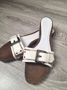 BURBERRY Nova Check Wooden Clog Buckle Slide Sandals Women's 41 White Leather - Picture 1 of 9