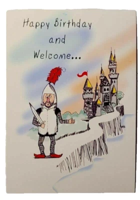 MAJESTIC GREETINGS 1 Birthday Greeting Card/Envelope Humorous Middle Ages Welcome Knight Castle Fun