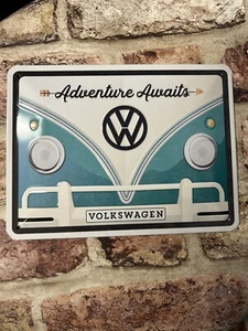 VW Bulli/Camper Adventure Awaits Sml. Retro Embossed Metal Sign For Home, Garage - Picture 1 of 5