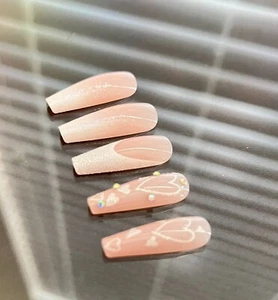 Press On Nails Long Coffin Pink w/ Rhinestone Nail Tips Gift - Picture 1 of 10