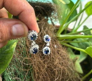 9.00 Ct Natural Oval Cut Blue Sapphire & Diamond Earring 14K White Gold 1 Pair - Picture 1 of 11