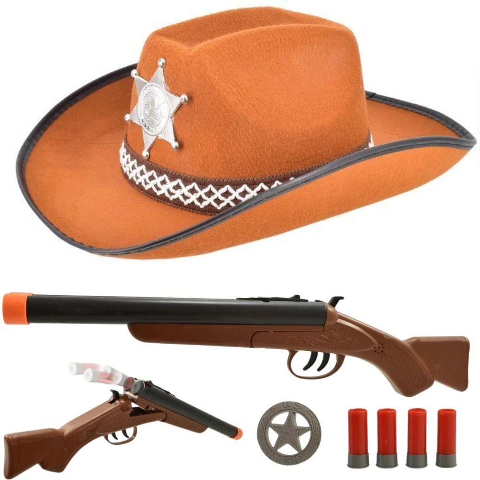 Vaquero Sheriff Pistola y Accesorios Conjunto de Juego y Sombrero Vestido Elegante Niños Adultos Ciervo Gallina Foto 1 de 1