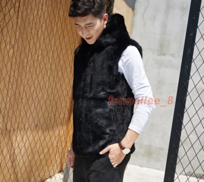 Chaleco de piel de conejo Rex real para hombre con capucha invierno cálido chaleco chalecos chaqueta ropa exterior Foto 1 de 4