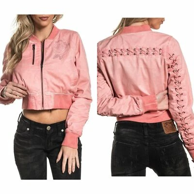 AFFLICTION Mujer CHAQUETA BORDADA CON CORDONES BOBMBER Calavera Motociclista Rosa  Foto 1 de 4