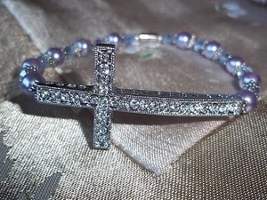 7 1/2 in PURPLE Pearl & PURPLE Crystal Bead Cross MAGNETIC Clasp Bracelet L-05 - Picture 1 of 3