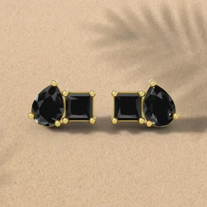2Ct Pear Square LabCreated Black Diamond Toi et Moi Stud Earring 14K Gold Plated - Picture 1 of 6