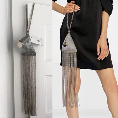 ✨New STELLA MCCARTNEY Crystal Fringe Triangle Pouch Wristlet Clutch Silver - Image 1 of 4