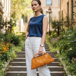 Impresionante Bolso sin asas con cuentas de madera corte diamante con mango de madera marrón dorado - Imagen 1 de 7