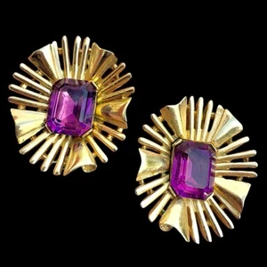 1950s Crown Trifari Atomic Sunburst Starburst Purple Rhinestone Clip Earrings - Picture 1 of 4