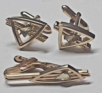 Gemelos y clip de corbata "Swank" color dorado con diseño futurista único Foto 1 de 4