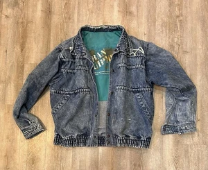 VTG Urban Equipment Denim Bomber Jacket Men’s L Y2K Acid Wash Distressed Destory - Picture 1 of 7