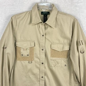 VTG Lauren Ralph Lauren Women M Khaki Safari Twill Roll Tab Sleeve Utility Shirt - Picture 1 of 11