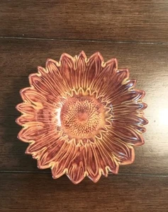 Vintage kleine 5" glasierte Keramik Sonnenblumenschale reich bernsteinfarben dekorativ markiert H O M - Bild 1 von 8