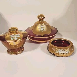 Vtg Formosa Bohemian Handpainted Cranberry Glass Set 2 Covered Dishes + Ashtray* - Picture 1 of 12