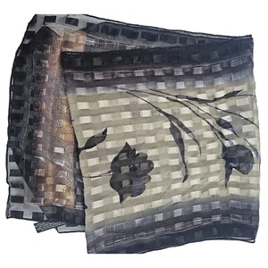 Floral Checker Pattern Sheer Silky Scarf 13x56 inch Rectangle Black Tones - Picture 1 of 5