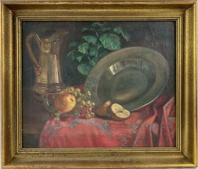 Ölbild 1937 MHW Äpfel Trauben Art-Deco Stillleben mit Zinnschale und Glaskrug - Bild 1 von 4