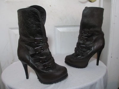 BOTINES PLATAFORMA TACÓN HEBILLA CUERO VERDE OVEJA PUÑOS CENIZA 37 US 7 Foto 1 de 4