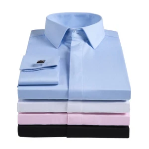 Mens Long Sleeves French Cuff Shirts Formal Business Work Dress Multicolor Shirt - Picture 1 of 21