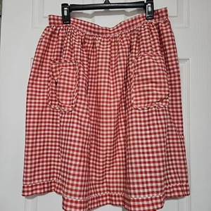 VTG Retro Homemade Cotton Red Gingham Check Pleated Apron 2 Pkts Mid Cent - Picture 1 of 8