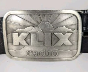 NICE VINTAGE 1970s KLIX - 96.5FM** RADIO STATION PEWTER BUCKLE AND BELT 38 BLACK - Picture 1 of 5