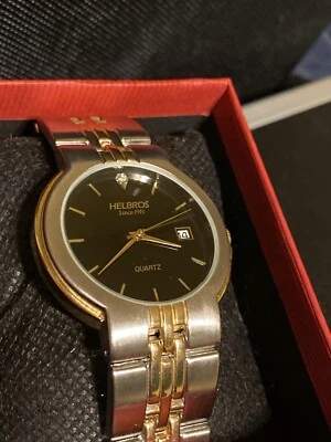 Reloj Hombre HELBROS Since 1913 Diamante Genuino 38MM Dorado y Negro Batería NUEVA Foto 1 de 4
