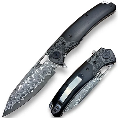 ¡Navaja de bolsillo Damasco acero EDC! ¡Mango de ébano! ¡Sistema de pivote de rodamientos de bolas! Foto 1 de 4