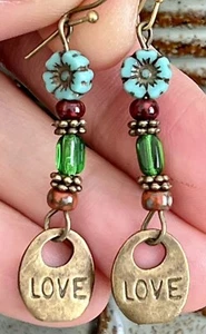 Bronze Hippie Earrings. Czech Picasso Flowers. Peace. Love. - Picture 1 of 3