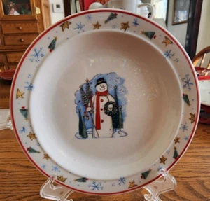 Snowman Bread & Butter Dessert Plates (pair) 6" Stoneware Wreath White Blue ! - Picture 1 of 15