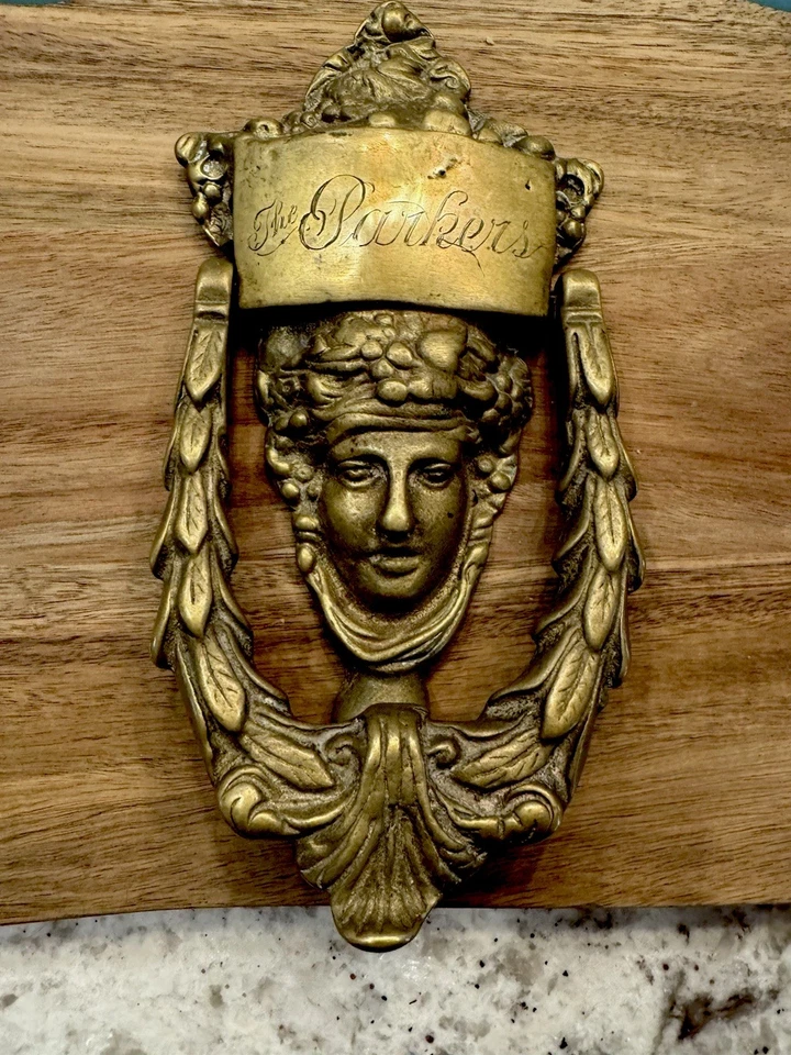 8" Brass ANTIQUE c 1915 FACE OF DIONYSUS ARCHITECTURAL SALVAGE DOORKNOCKER - Image 1 of 4
