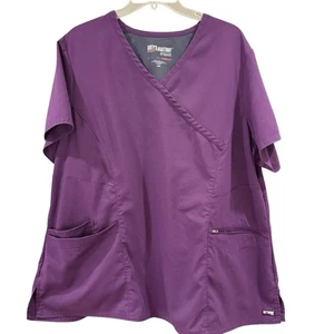 Grey’s Anatomy Barco Women’s Scrub Top 2XL 3-Pocket Mock Wrap Purple Stretch - Picture 1 of 12