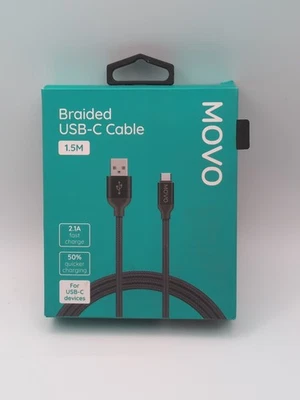 MOVO Braided USB Type-C Cable -  Grey - 1.5M - 2.1A Fast Charge PS5 Xbox Series - Image 1 of 3