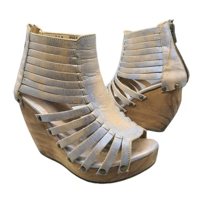 Bed Stu wooden Wedge heel stud silver washed Leather Sandals back zip Size 7.5 - Image 1 of 4