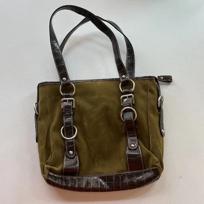 Franco Sarto Shoulder Bag Double Strap Buckle Detail Faux Reptile Green Suede - Image 1 of 4