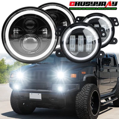 Fit Hummer H2 2003-2009 Pair 7 inch Round LED Headlights+ 4inch fog lights A - Image 1 of 4