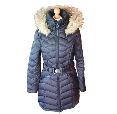 Chaqueta acolchada larga Dawn Levy NY para mujer talla M abrigo de invierno relleno de piel con capucha Foto 1 de 4