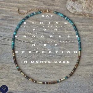 Morse code Strive for PROGRESS not PERFECTION, African Turquoise Necklace - Picture 1 of 3