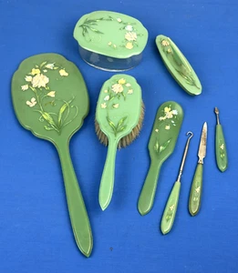 8 Pc. Vintage Vanity Set DuPont SWEET PEA ~ Mirror, Brush, Glass Jar, Shoe Horn - Picture 1 of 21